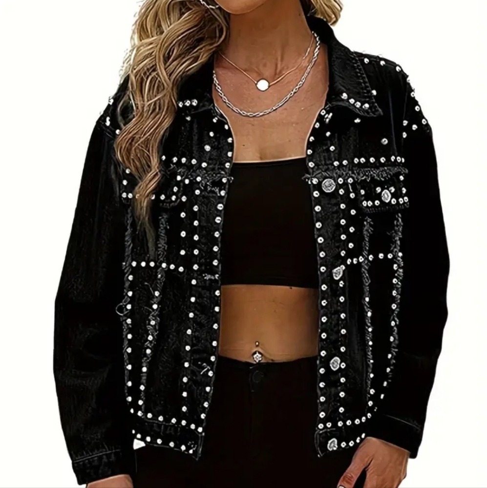 Georgeous Black Studded Pearl Jean Jacket with Cropped Fit